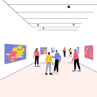 An art museum with glitchy digital artwork hanging on the walls