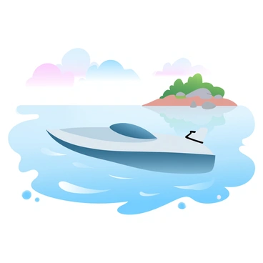 A hydroplane is gliding smoothly over calm waters, creating gentle ripples on the surface. The water reflects the vibrant colors of the sky, showcasing gradient pastel hues as the sun begins to set. In the background, a small island is visible, adorned with lush greenery and a few scattered rocks. The scene captures a serene moment, with the hydroplane's sleek design contrasting against the tranquil environment. The overall composition emphasizes the beauty of nature and the grace of the watercraft.