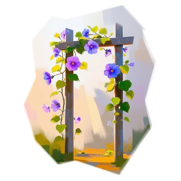 A trellis stands against a gentle morning sky, adorned with climbing "morning glories" whose vibrant blue and purple flowers are in full bloom. The trellis is made of weathered wood, contrasting with the lush green leaves interwoven throughout. Soft light of dawn filters through the flowers, casting delicate shadows on the wooden structure. The scene captures the tranquility of early morning, as the flowers gently sway in a light breeze.