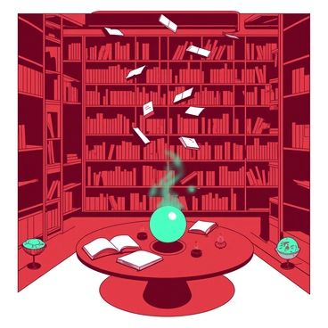 A red sprawling library filled with shelves that stretch to the ceiling. Numerous floating books hover in the air, their pages flipping gently as if touched by an unseen breeze. In the corners of the library, various magical artifacts radiate a soft teal glow, showcasing their intricate designs. The wooden floors are polished and reflect the warm light emanating from ornate lamps positioned throughout the space. A large, round table in the center is adorned with a teal crystal orb that pulsates with energy.