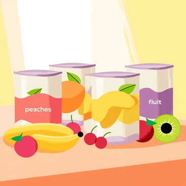 A collection of colorful canned fruits arranged on a wooden tabletop. Each can features a different fruit illustration on its label, including "peaches," "pineapples," and "mixed fruit." Around the cans, various fruits are spilling out, such as "bright yellow bananas," "juicy red cherries," and "vibrant green kiwis," creating a lively and appealing scene. The sunlight gently illuminates the cans, highlighting their shiny surfaces and the glossy fruit images.