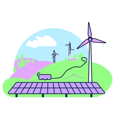 A landscape featuring several wind turbines in the background, each with three blades rotated by the wind. In the foreground, there are multiple solar panels arranged in rows, capturing sunlight. Between the turbines and panels, animated lines symbolize the exchange of energy. The scene includes a clear blue sky with fluffy clouds, and in the distance, a hill with trees can be seen, enhancing the representation of a renewable energy trade.