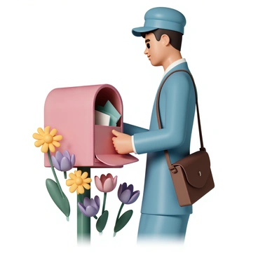 A postman, wearing a blue uniform with a cap and carrying a brown satchel, is placing letters into a colorful mailbox. The mailbox is bright red with vibrant flower decorations around it. The flowers include yellow daisies, purple violets, and pink tulips, all blooming vividly. The postman has a focused expression as he reaches into his satchel for more letters, while a few envelopes are already visible inside the mailbox.