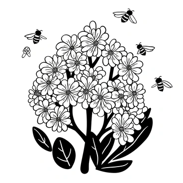 A cluster of elderberry blossoms with intricate petal structures fills the scene. Numerous busy bees are depicted buzzing around the flowers, their wings in motion showing dynamic activity. The setting is an outdoor environment with the suggestion of sunlight shining down, creating a vibrant atmosphere. The elderberry plants have detailed leaves, and the bees are shown in various positions, some landing on the blossoms while others hover nearby.