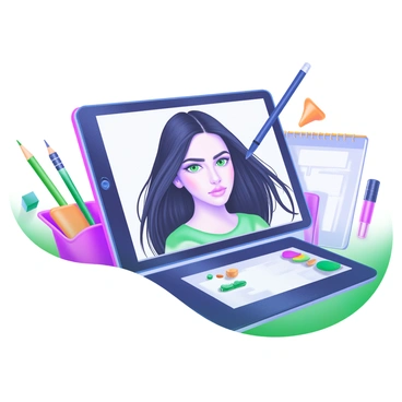 A digital drawing tablet is set on a desk, showing a detailed portrait in progress. The portrait features a young woman with long, flowing black hair and striking green eyes. A stylus hovers above the tablet, capturing intricate details of her face. Surrounding the tablet are art supplies, including colored pencils, a sketchbook, and an array of digital brushes, creating an organized yet creative atmosphere. Soft lighting illuminates the scene, highlighting the tablet's screen and the artist's focused expression.