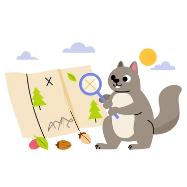 A cartoon-style illustration of a squirrel with fluffy gray fur intently examining a treasure map. The squirrel is holding a small magnifying glass in its tiny paws, closely inspecting the details of the map. The treasure map features an "X" marking the spot and various drawings of trees and mountains. The background includes a few acorns scattered on the ground and a sunny sky with puffy white clouds. The scene captures the excitement and curiosity of the squirrel on its adventurous quest for treasure.