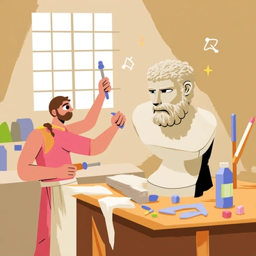 An ancient workshop filled with tools and materials for sculpting. In the center, an artist is carefully sculpting a bust of "Zeus," featuring a strong jawline, prominent cheekbones, and flowing hair. The artist is focused, holding a chisel in one hand and a mallet in the other. Stone dust is visible in the air, and various tools are scattered around the wooden workbench. Sunlight filters through a window, casting light on the partially finished bust, emphasizing its details.