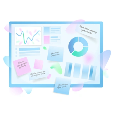 A bulletin board is filled with various graphs and charts related to illustration budgets. There are colorful line graphs displaying trends over time and pie charts showing budget allocations. Sticky notes in vibrant colors feature handwritten reminders and important deadlines. Each element is neatly arranged, providing a clear overview of financial information. The overall composition of the bulletin board creates an organized and informative visual display.