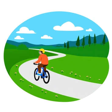 A winding country road bordered by lush green fields and wildflowers. On the road, a lone rider on a sleek bicycle is pedaling, wearing a bright yellow helmet and clear glasses that reflect the scenery. The sky is a brilliant blue with fluffy white clouds scattered throughout. In the background, a line of tall trees offers a sense of depth to the landscape. The rider appears relaxed and focused, taking in the vibrant colors of the rural setting.