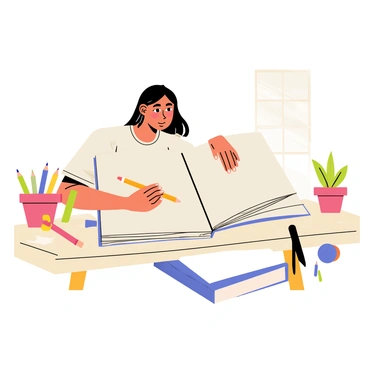 An illustrator sitting at a wooden drawing table, deeply focused on a large open book of illustrations. The illustrator has long, flowing hair and wears a casual shirt. They are holding a pencil in one hand and appearing concentrated as they sketch on a blank page. Surrounding the table are various colored pencils, ink pens, and a small plant in a pot. Light from a nearby window casts gentle shadows across the scene, highlighting the creativity in the air.
