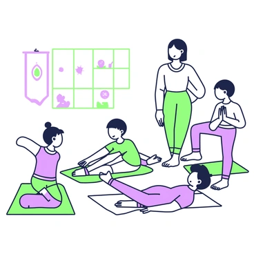 A lively children's yoga class is taking place in a bright room. Several children are scattered across colorful mats, each attempting the "thread-the-needle" stretch. One child is kneeling on a green mat, reaching under their arm with one hand while looking determined. Another child is lying on their side, stretching out their legs, with a big smile on their face. Nearby, a third child is practicing the pose while looking at a friendly instructor who is demonstrating the stretch. The instructor is standing tall, wearing comfortable exercise clothes, and encouraging the children. Lively decorations are visible on the walls, adding a playful atmosphere to the scene.