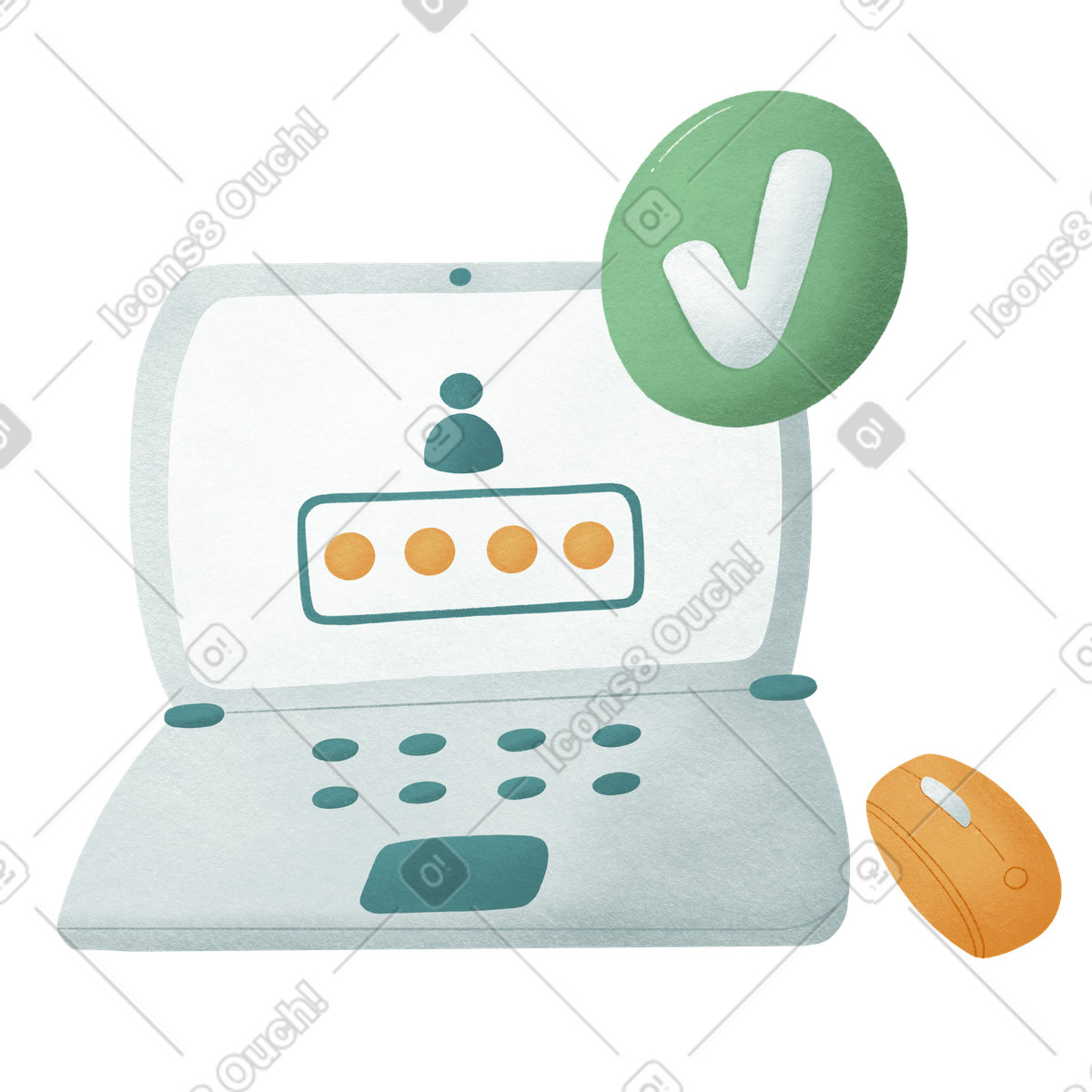Woolly スタイルの Computer confirming logging into account and checkmark のイラストをPNG、SVG形式でダウンロード