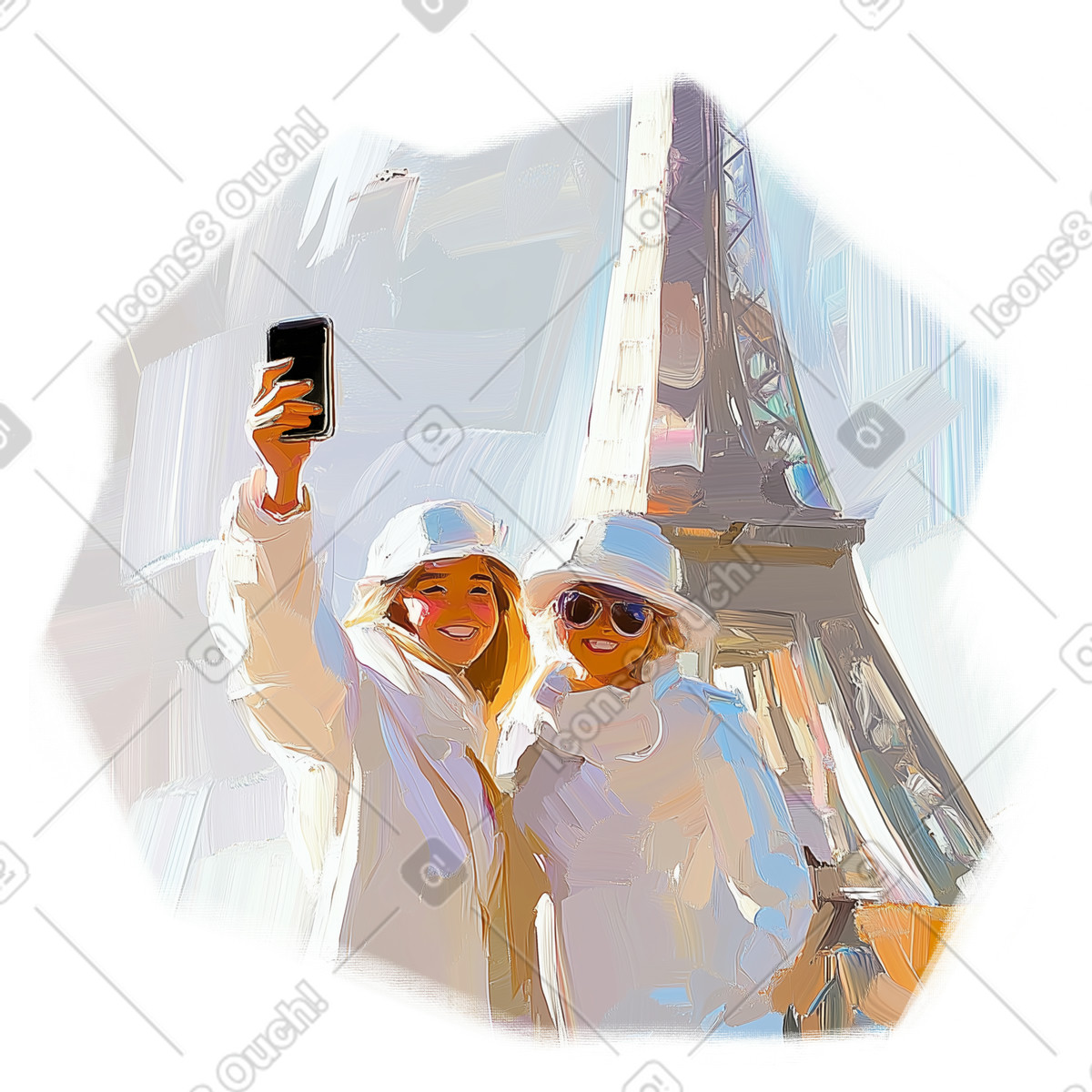 Oil painting of a selfie of two women with the Eiffel tower in the background illustration in PNG, SVG