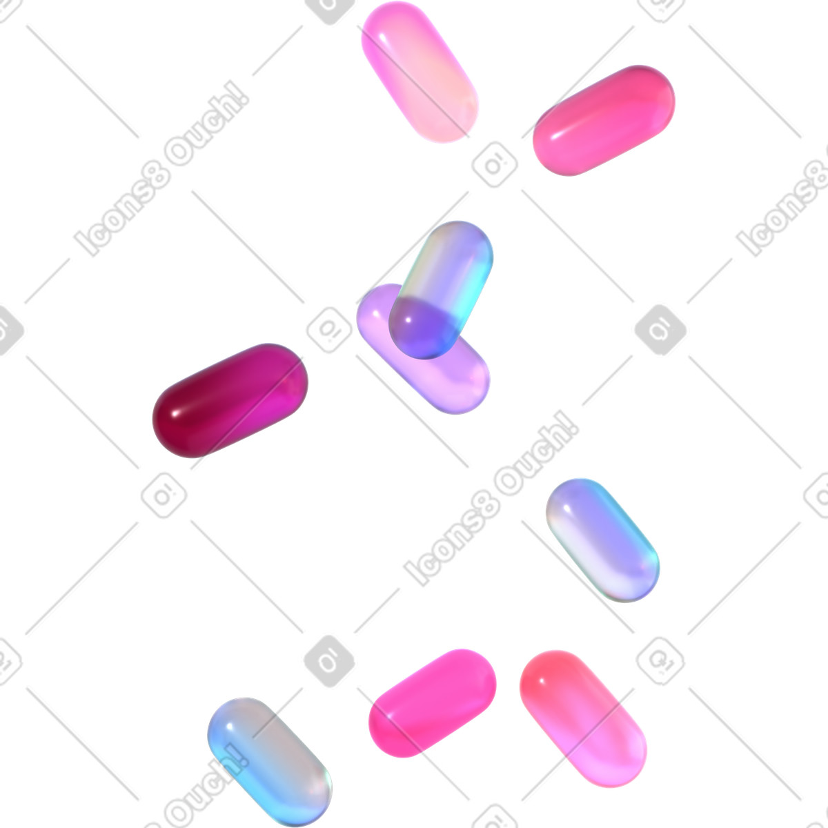 Ilustración Cápsulas semitransparentes que caen en estilo 3D Glassy a descargar en PNG y SVG