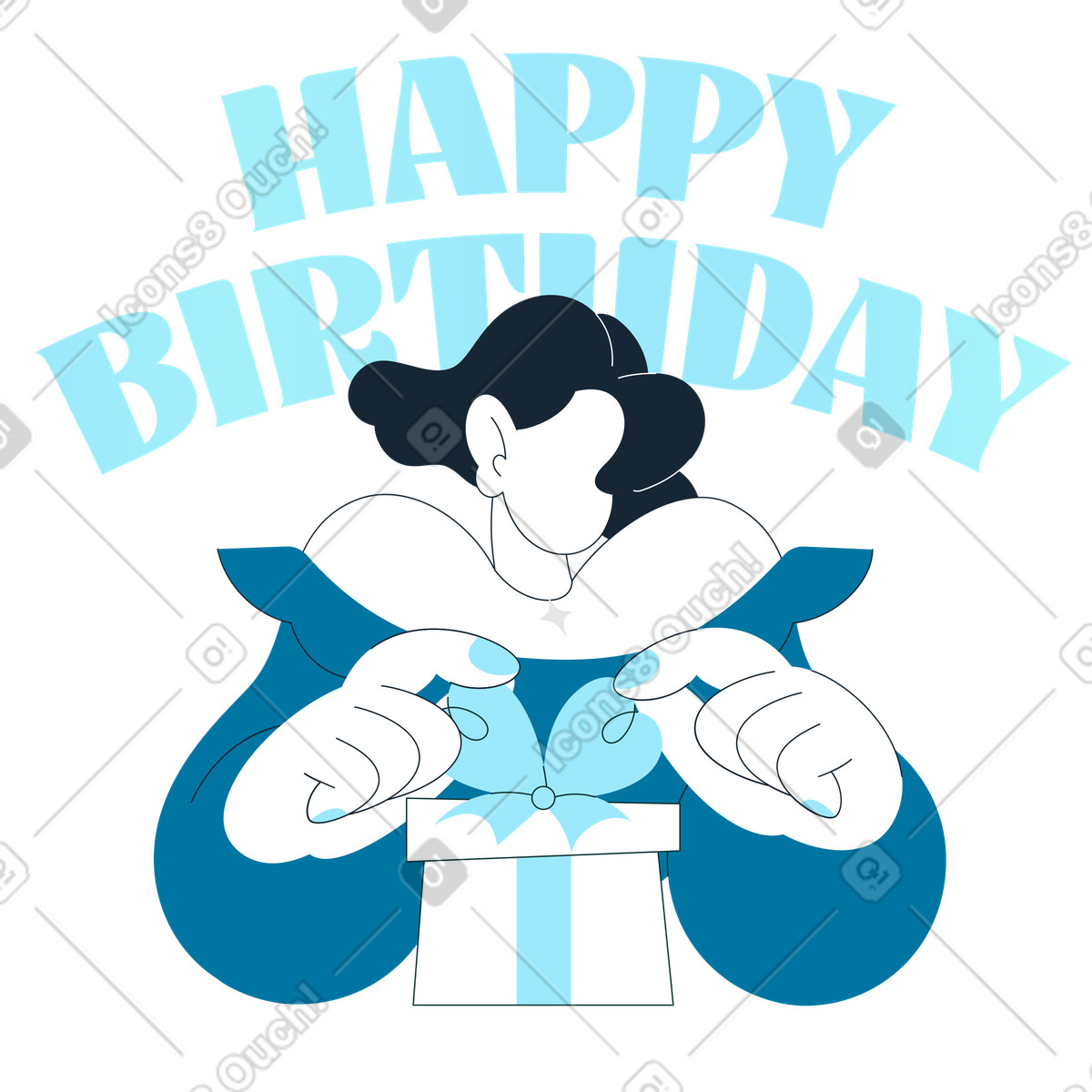 Unwrapping gift with festive greeting, Birthday celebration scene illustration in Indigo style download in PNG, SVG