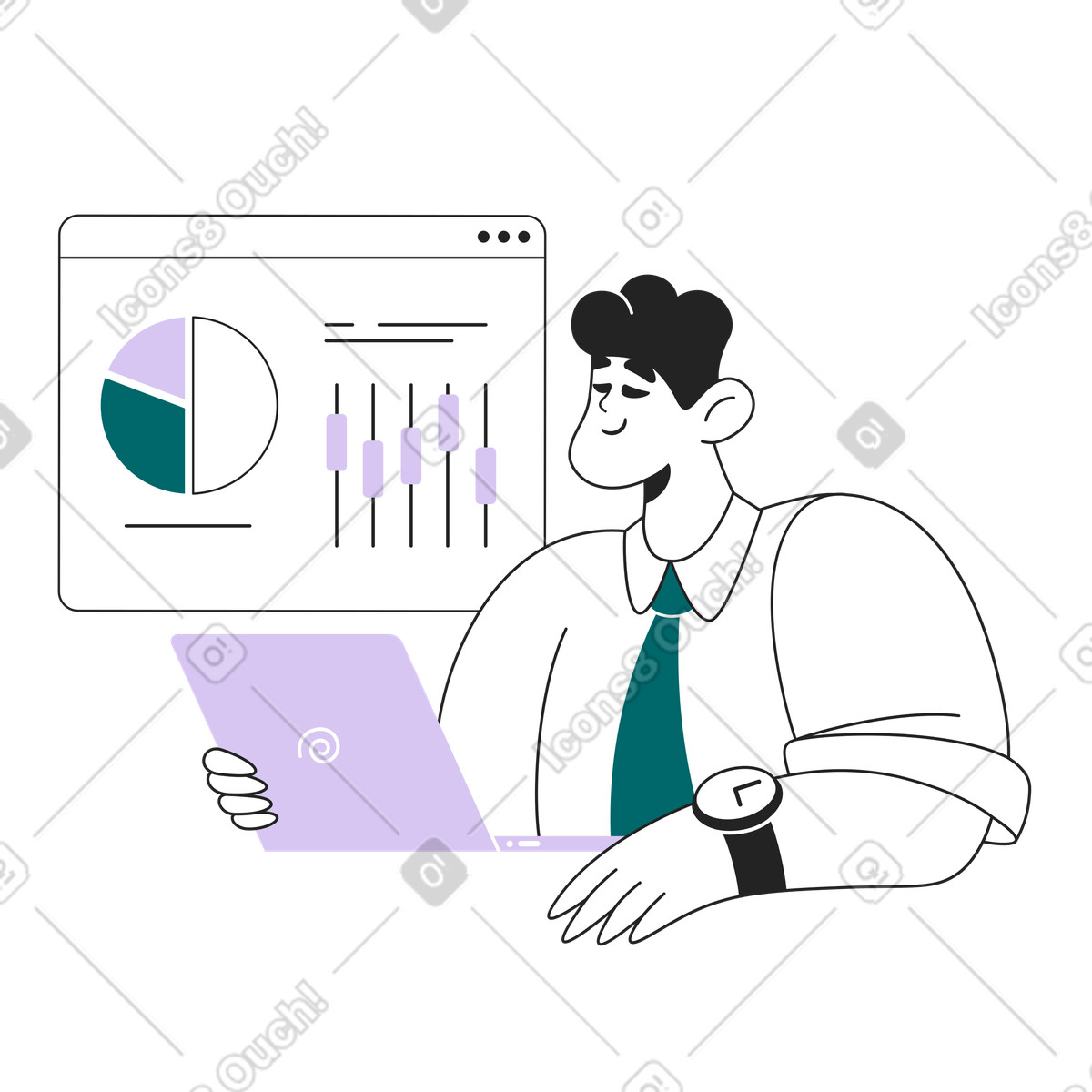Man studying analytics on laptop illustration in Sammy Line style download in PNG, SVG
