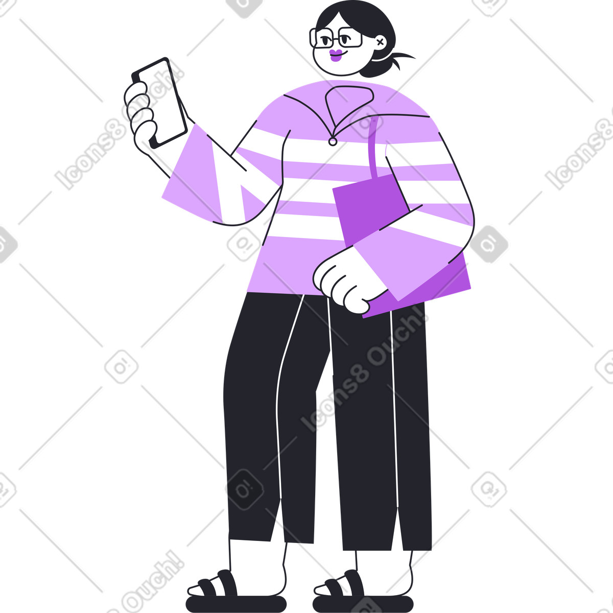 Ilustración Mujer sonriente de pie y mirando su teléfono inteligente en estilo Grapy a descargar en PNG SVG