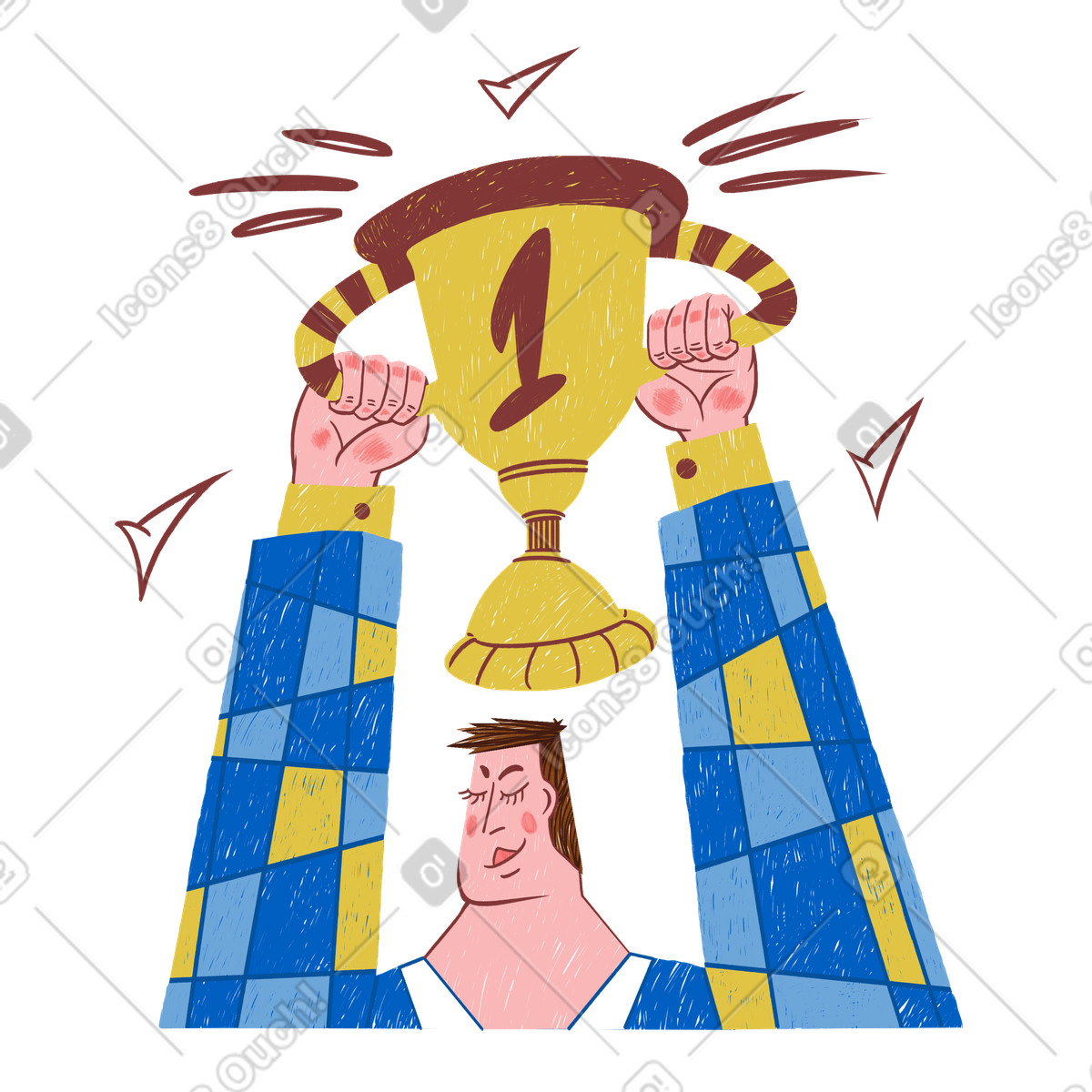 Illustration Homme avec une coupe gagnante célébrant le succès dans style Sleepy à télécharger aux formats PNG, SVG