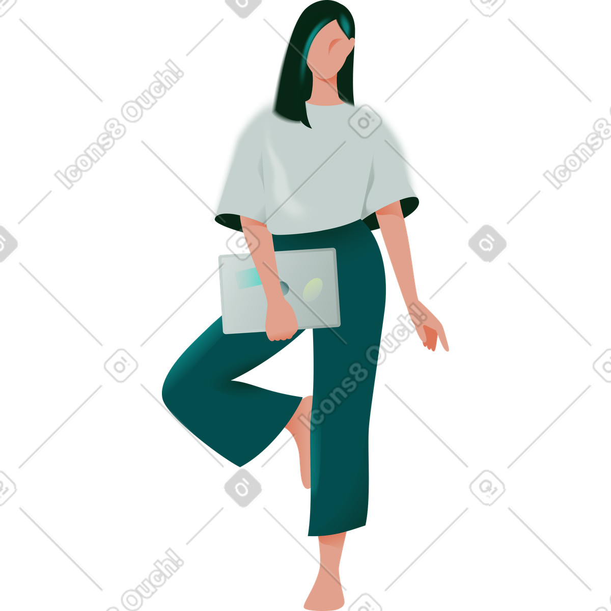 Ilustración Mujer joven de pie sobre una pierna sosteniendo computadora portátil en estilo Office a descargar en PNG y SVG