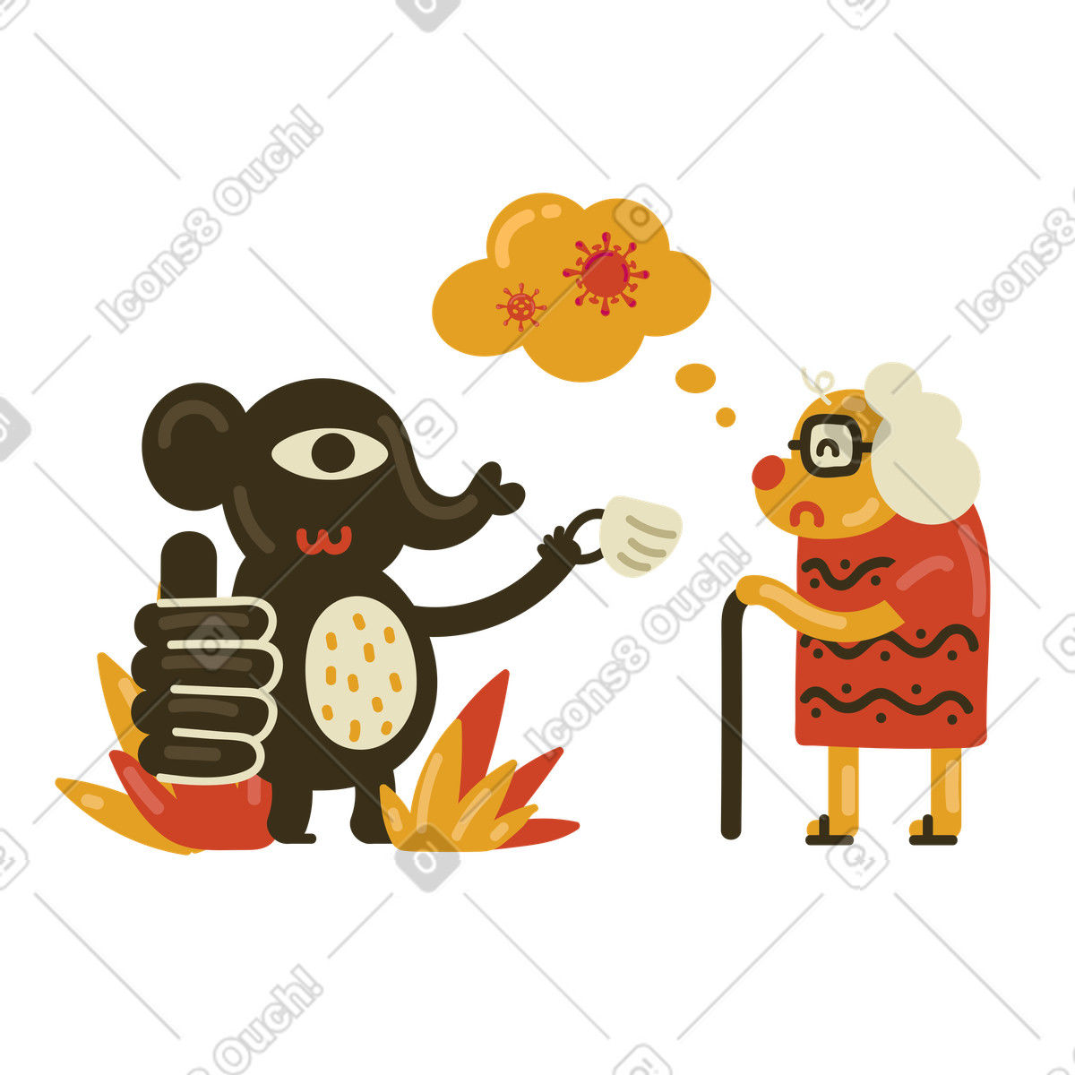 Ilustração de Ei, vovó, fique seguro - use uma máscara! em no estilo Arabica para baixar em PNG, SVG