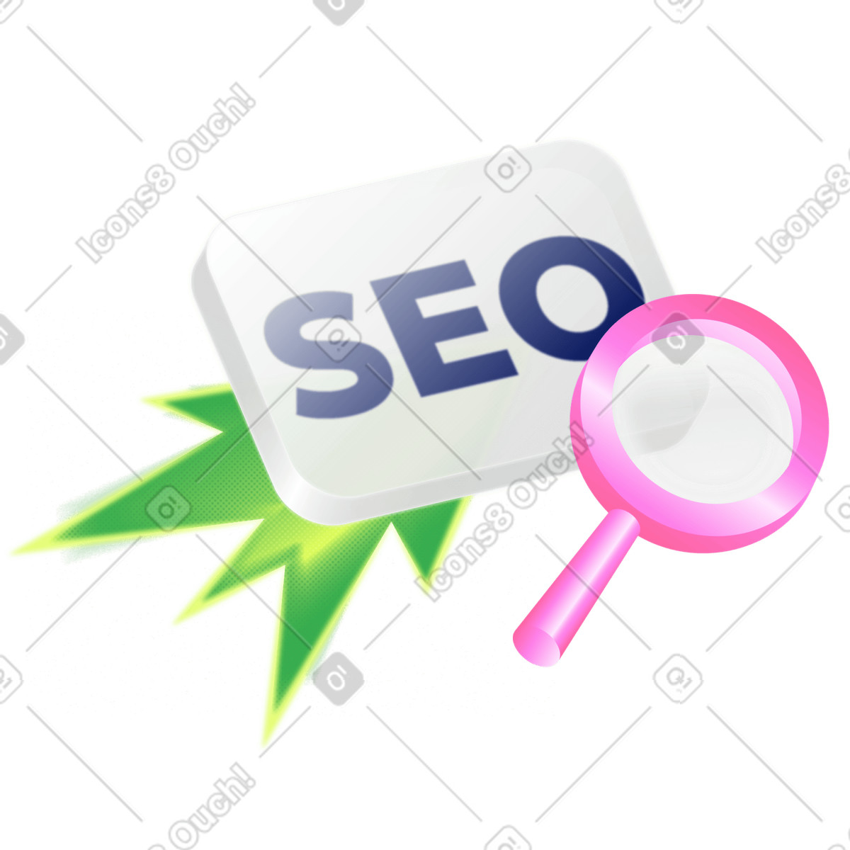 Lettering SEO with magnifying glass text illustration in PNG, SVG