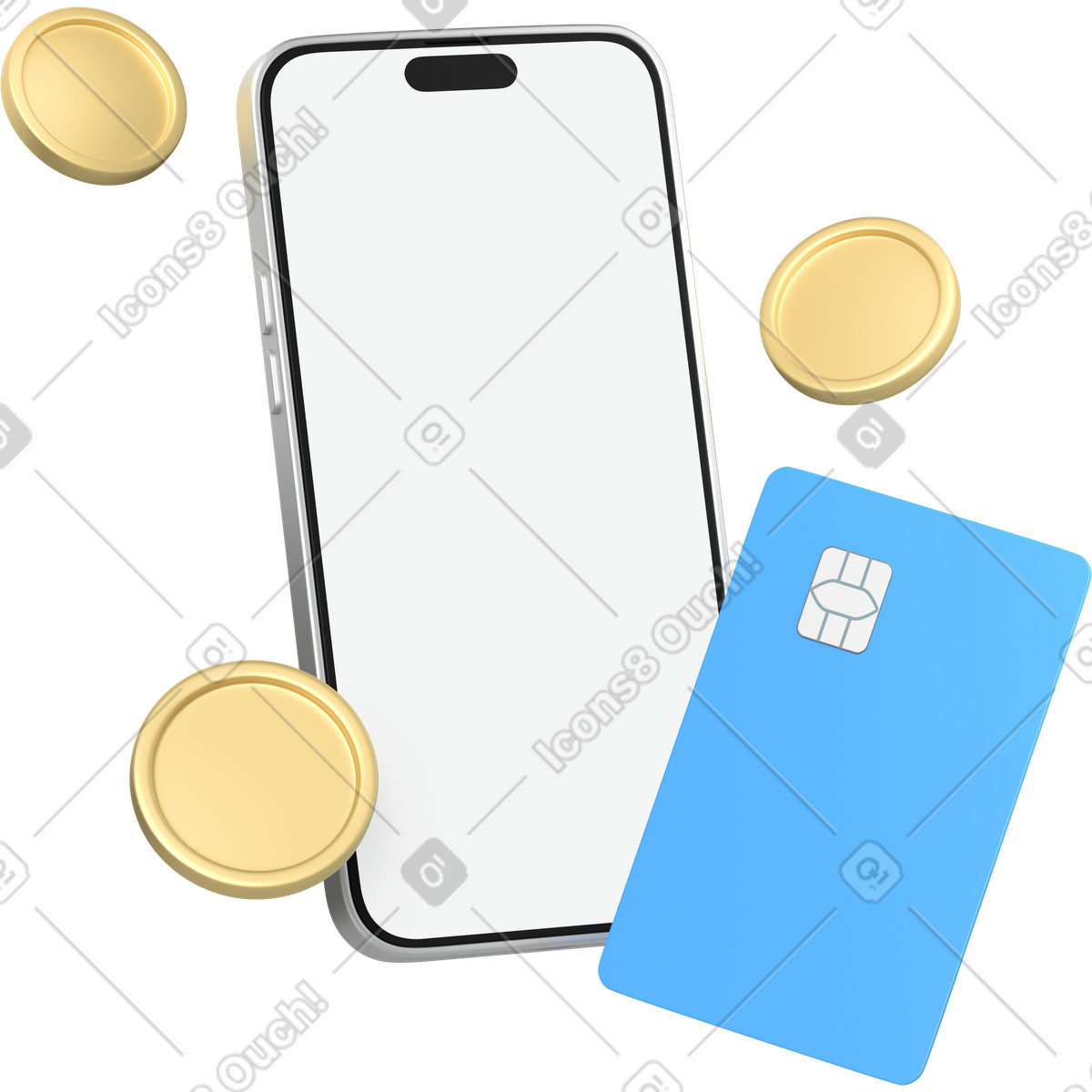Mobile credit card and coins-Illustration im 3D Business-Stil als Download in PNG, SVG