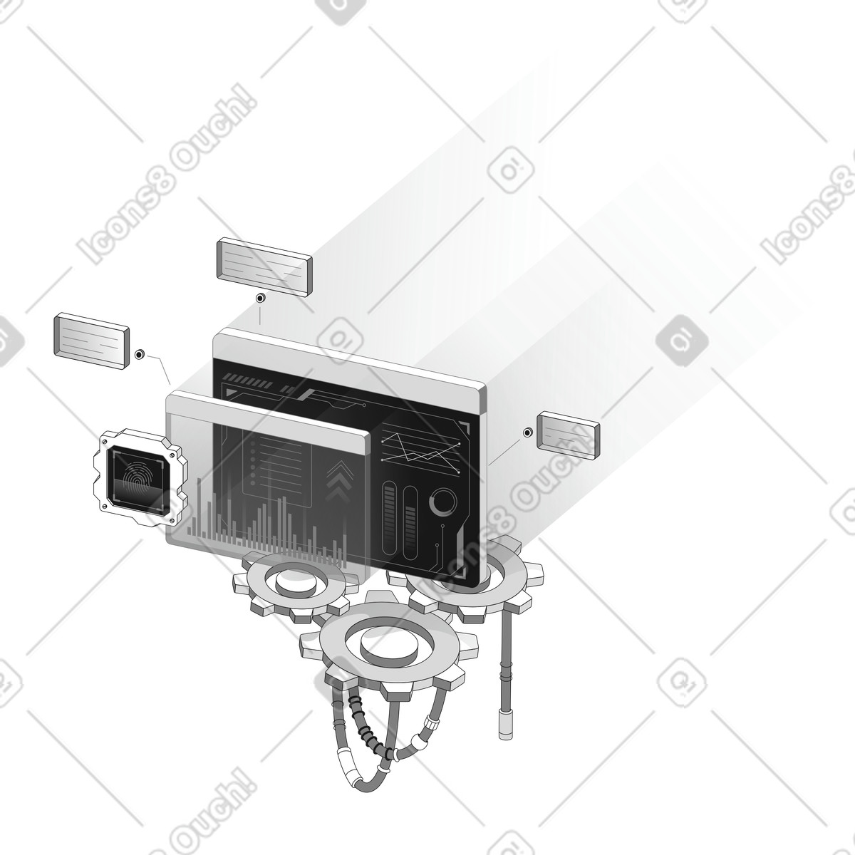 Cybersecurity dashboard monitoring data streams with biometric authentication and analytics-Illustration im Futuristic-Stil als Download in PNG, SVG