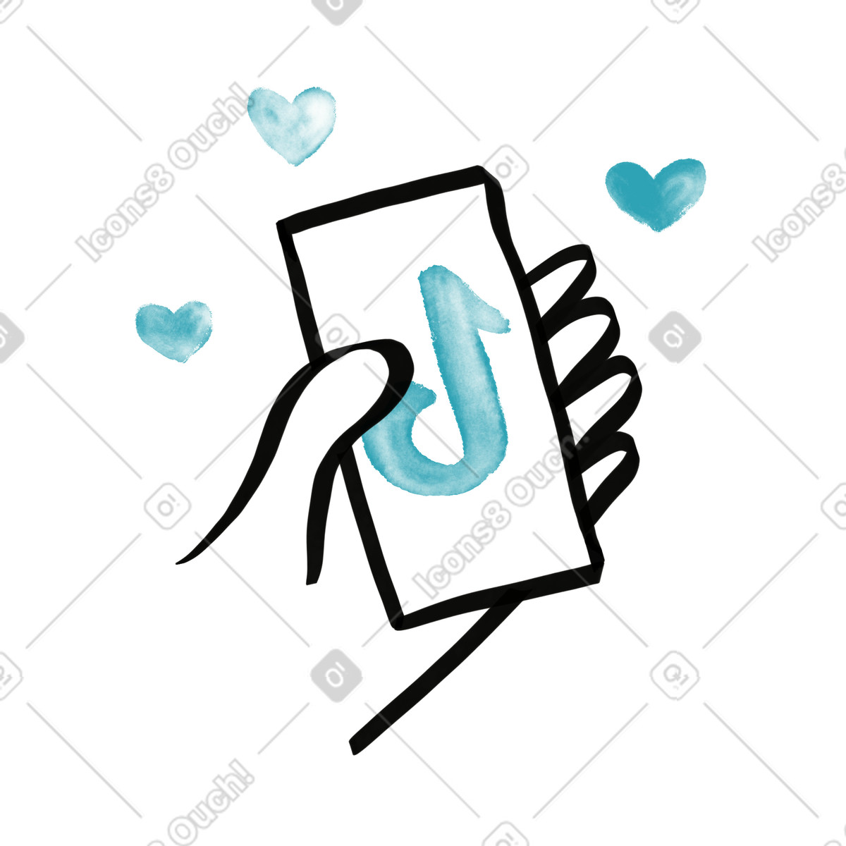 Hand holding phone with TikTok logo and social media hearts illustrazione in stile Watercolor sketch scarica in PNG, SVG