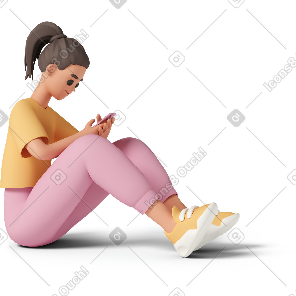 3D Casual life 스타일의 Young woman sitting and tapping on smartphone 일러스트레이션 PNG, SVG 다운로드