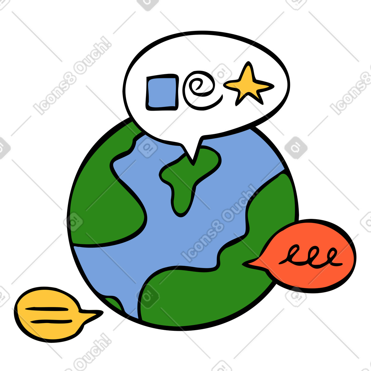 Ilustración Tierra con burbujas de chat para comunicación global en estilo Comic a descargar en PNG y SVG