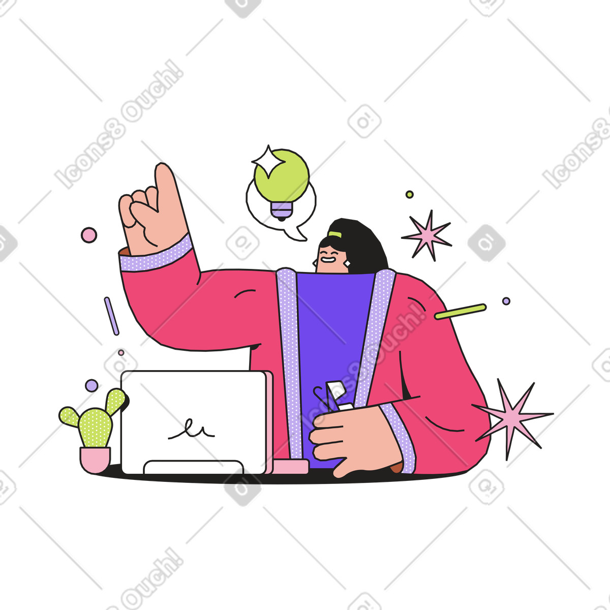 Frau sitzt neben laptop und hat eine idee-Illustration im Dazzle-Stil als Download in PNG, SVG