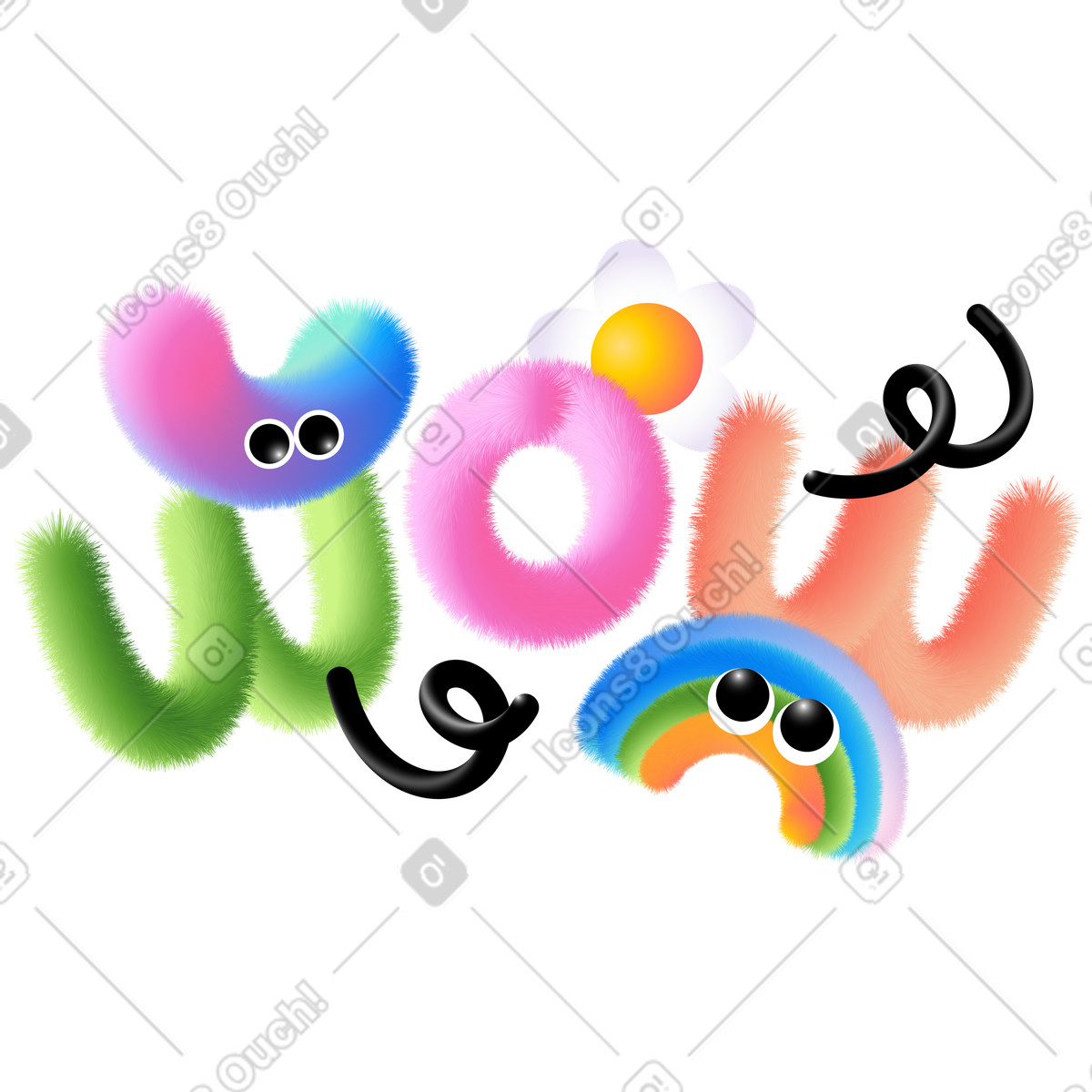 Illustration Lettrage wow avec arc-en-ciel moelleux et texte en arc dans le style Puffy à télécharger aux formats PNG, SVG