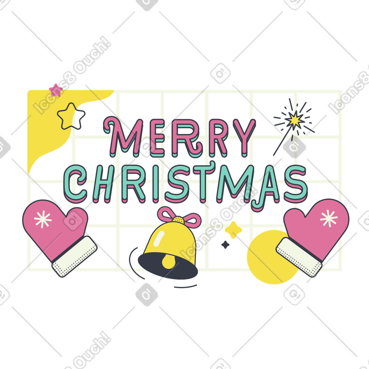 Lettering Merry Christmas with mittens and jingle bell illustration in Abstract style download in PNG, SVG