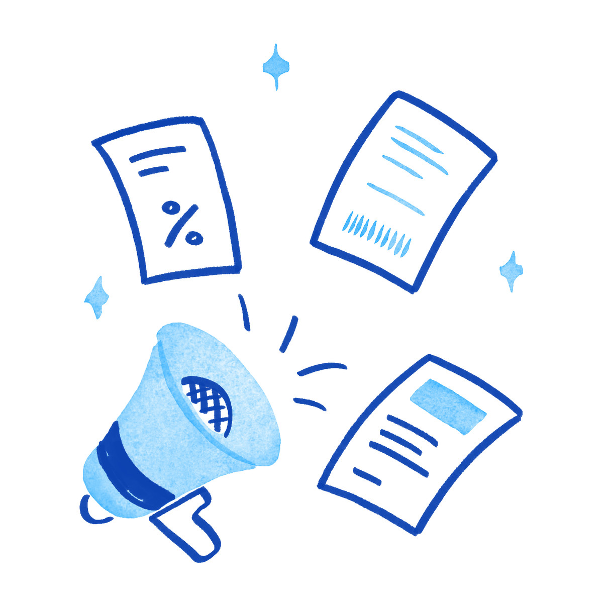 Megaphone spreading promotional documents and marketing messages around loudspeaker illustration in Tint style download in PNG, SVG