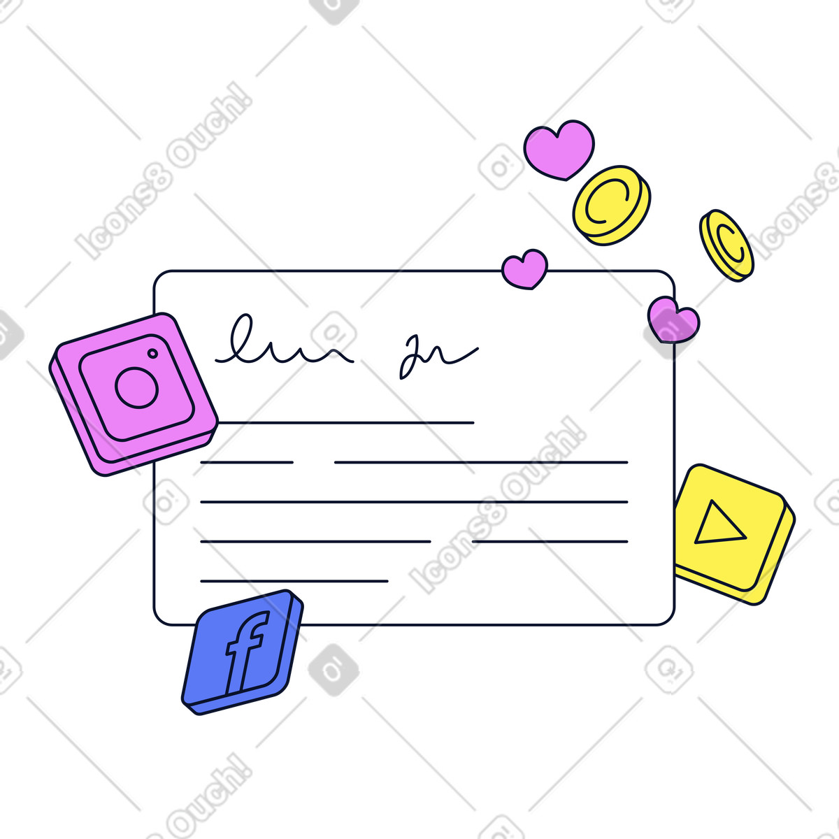 Иллюстрация Post surrounded by coins, hearts, and social media logos, Online content monetization в стиле Flexy — скачать в форматах PNG, SVG