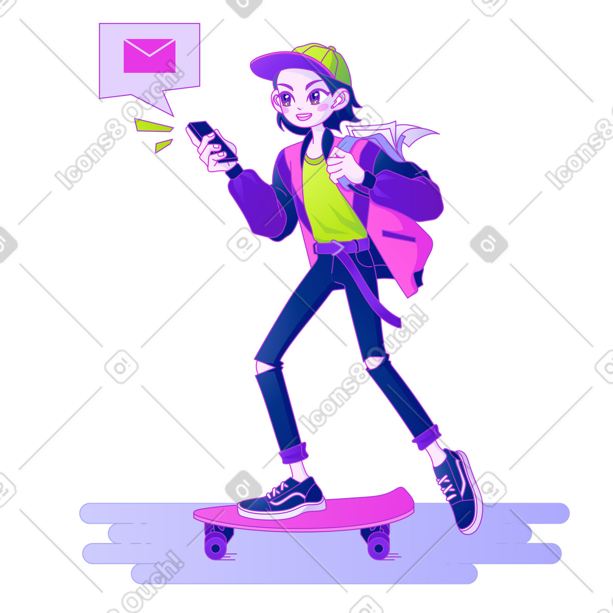 Ilustração de Um adolescente anda skate enquanto fala ao telefone em no estilo Experimental para baixar em PNG, SVG