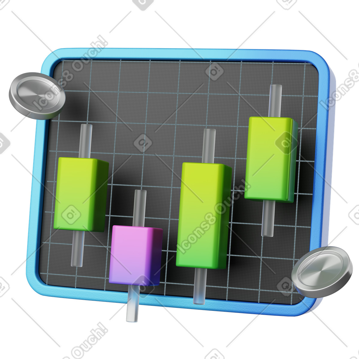 Ilustración Candlestick chart panel with colorful bars and metallic coins around en estilo 3D Plastic a descargar en PNG y SVG