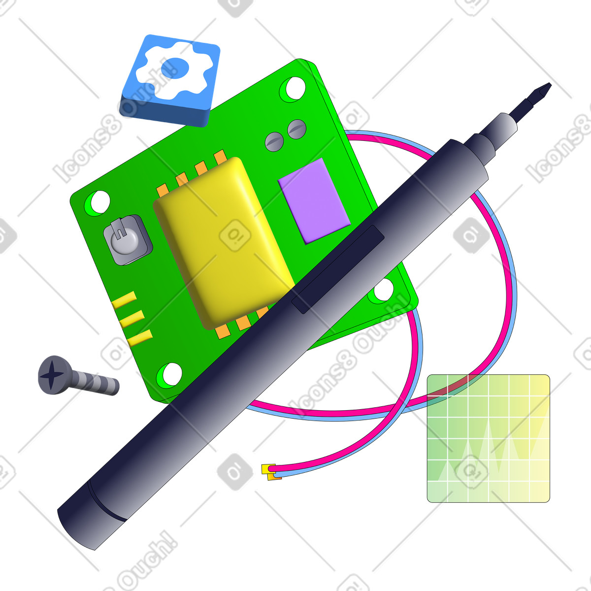 Ilustración Reparación de electrónica, microchip y destornillador en estilo Pop a descargar en PNG SVG