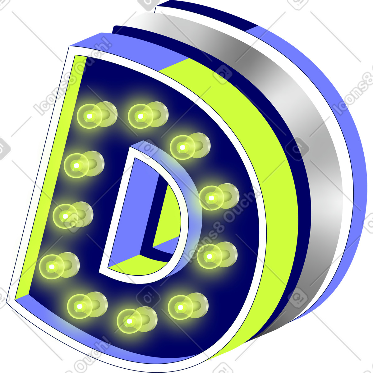 下载 Lettering 风格的 带有金属体积和灯泡的蓝色字母 d 插画，支持 PNG、SVG 格式