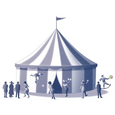 A circus tent with a large, conical shape stands prominently in the scene. The tent features a pattern of white and black stripes, with the peak illuminated by twinkling lights. A lively audience is gathered in front of the tent, their silhouettes visible in the soft glow. Several performers are preparing for their acts, including a tightrope walker balancing high above the ground and a clown juggling colorful items. The atmosphere is filled with anticipation as various elements of the circus are displayed.