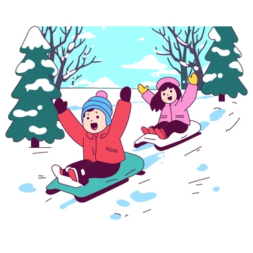 Two children are happily sledding down a gentle slope in a snow-covered forest. The first child, a boy wearing a bright red jacket and a blue hat, is sitting on a teal sled, arms raised in excitement as he descends the hill. The second child, a girl in a pink coat and yellow gloves, is riding a white sled right behind him, laughing with her head thrown back. The surrounding trees are dusted with snow, creating a cozy winter scene. Sunlight filters through the branches, illuminating the snow and enhancing the children’s joyful expressions.