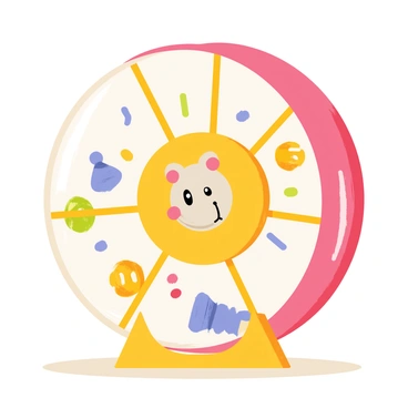 A vibrant hamster wheel made of transparent plastic with colorful toys and treats scattered inside. The wheel features bright yellow and red sections, creating an eye-catching appearance. Small, plush toys in various shapes, along with colorful, chewy treats, are nestled throughout the wheel. The wheel is positioned on a light wooden surface, and a curious hamster is seen peeking out from inside, adding liveliness to the scene.