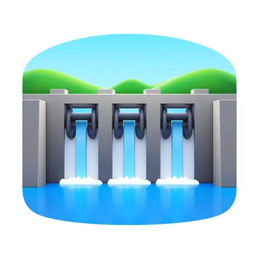 A hydroelectric dam with a large concrete structure. Water is cascading down from the top of the dam into a river below. The dam has multiple turbines visible, connected by large pipes that channel the flowing water. Sunlight glints off the surface of the water, creating a shimmering effect. In the background, green hills rise against a clear blue sky, adding to the scene of energy generation.