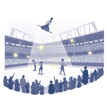 A halftime show taking place in a large stadium filled with excited spectators. The scene features several performers in elaborate costumes, showcasing their talents in a vibrant display. One performer is flying gracefully through the air on a broomstick, while others are manipulating glowing orbs that appear to float around them. The audience is captivated, with some standing and cheering, while others hold their phones to capture the moment. The performers display a range of skills, including acrobatics and magic tricks, creating an atmosphere of wonder and excitement. Various decorations and banners are visible in the background, adding to the festive ambiance.