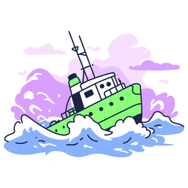 A fishing barge is navigating through rough, stormy seas. The barge is depicted with a sturdy hull, featuring fishing gear and nets secured on the deck. High waves crash against the sides of the vessel, sending sprays of water into the air. Dark clouds loom above, creating a dramatic atmosphere. In the background, the horizon is barely visible, blending into the turbulent sea, while the barge tilts slightly as it battles against the forces of nature.