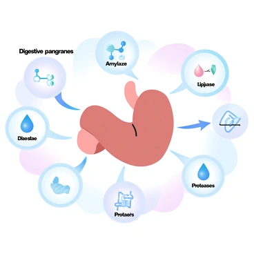 A detailed infographic featuring the pancreas in the process of digestion. The pancreas is illustrated in the center, depicted in a realistic manner with various shades of soft pastel colors. Surrounding the pancreas are labeled arrows pointing to different digestive enzymes it produces, such as amylase, lipase, and proteases. These enzymes are represented in separate sections with corresponding icons that symbolize their functions, such as a starch molecule for amylase, a fat droplet for lipase, and a protein strand for proteases. In the background, a gradient of pastel colors enhances the visual appeal, providing a cohesive look to the infographic. Each section of the infographic includes clear labels and information, making it easy to understand the pancreas's vital role in digestion.