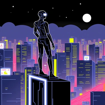 A lone cyber vigilante AI character stands on the edge of a skyscraper, overlooking a neon-lit cityscape. The character has a sleek, humanoid form with glowing blue circuits running across its body. Bright neon lights in shades of pink, green, and blue illuminate the buildings below, creating a vibrant urban atmosphere. In the background, a dark sky is dotted with distant stars and a full moon. The city is bustling with flying cars and billboards displaying dynamic advertisements, adding to the sense of high-tech life. The AI character's eyes glow as it scans the streets for any signs of trouble.