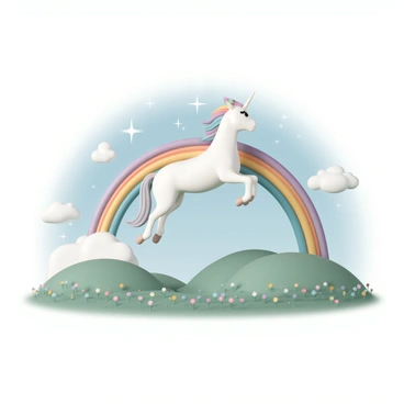 A unicorn, with a shimmering white coat and a flowing multicolored mane, is leaping gracefully over a sparkling rainbow that arches across the sky. The rainbow is vibrant with red, orange, yellow, green, blue, and purple hues, reflecting light as it curves above. Below, a dreamy landscape stretches out with rolling green hills and a clear blue sky dotted with fluffy white clouds. The scene is filled with colorful wildflowers swaying gently in the breeze, creating a whimsical atmosphere. The unicorn's hooves are lifted elegantly as it soars through the air, showcasing its magical presence.