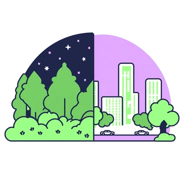 A split scene showcases two distinct environments. On the left, a dark sky filled with bright stars stretches over a tranquil forest. The trees are tall and dense, their silhouettes outlined against the starry backdrop. Below, the forest floor is covered in soft undergrowth and small plants. On the right, a brightly lit cityscape contrasts with the natural scene. Skyscrapers rise prominently, their windows glowing with light. The streets below are bustling with activity, where cars and people are visible. In the foreground, the split creates a clear division between the serene wilderness and the vibrant urban environment.