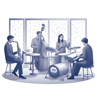 A jazz band consisting of four musicians is performing in a cozy cafe setting. The band includes a saxophonist, a pianist, a double bassist, and a drummer. Each musician is deeply focused on their instruments, contributing to the soothing melodies that fill the air. The setting features small round tables with chairs, and there are patrons seated, enjoying their drinks and the music. Outside, raindrops are visibly falling against the large glass windows, creating a rhythmic backdrop to the scene. The lighting in the cafe is warm, providing a comfortable and inviting atmosphere.